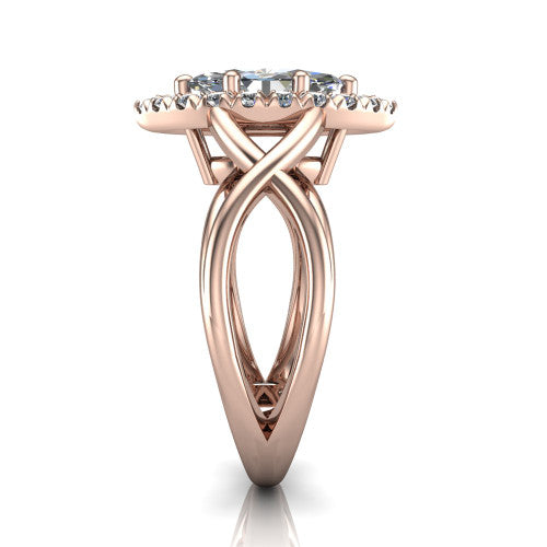 Coco marquise halo engagement ring in 18K Rose Gold, side profile showing the woven infinity split shank and the squared halo in profile