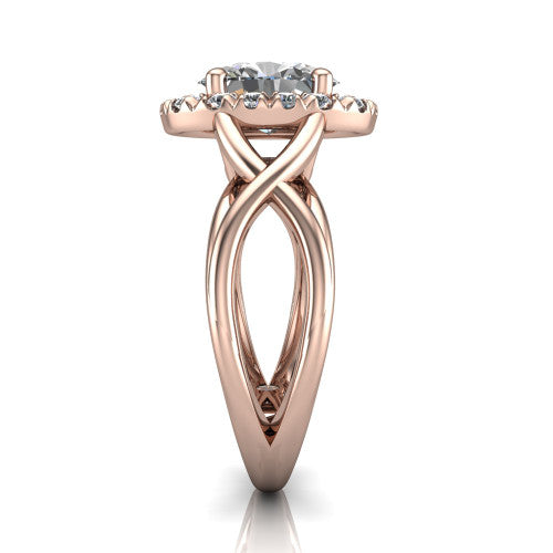 Coco oval halo engagement ring in 14K Rose Gold, side profile showing the woven infinity split shank and the squared halo in profile