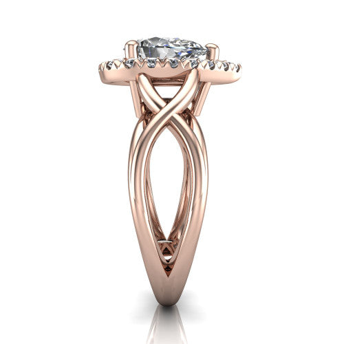 Coco pear halo engagement ring in 14K Rose Gold, side profile showing the woven infinity split shank and the squared halo in profile