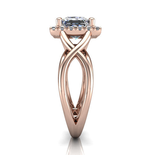 Coco princess halo engagement ring in 18K Rose Gold, side profile showing the woven infinity split shank and the squared halo in profile