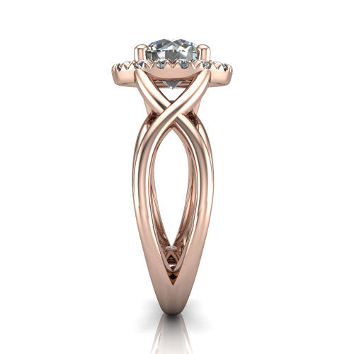 Coco round halo engagement ring in 18K Rose Gold, side profile showing the woven infinity split shank and the squared halo in profile