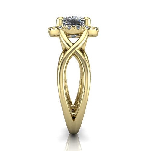 Coco cushion halo engagement ring in 18K Yellow Gold, side profile showing the woven infinity split shank and the squared halo in profile