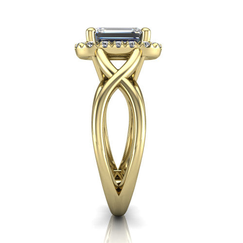 Coco emerald halo engagement ring in 14K Yellow Gold, side profile showing the woven infinity split shank and the squared halo in profile