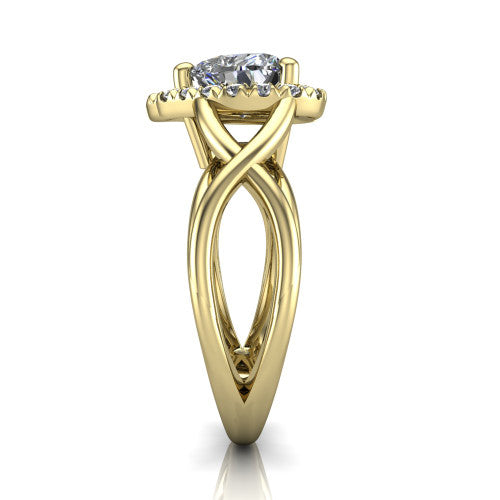 Coco heart halo engagement ring in 18K Yellow Gold, side profile showing the woven infinity split shank and the squared halo in profile