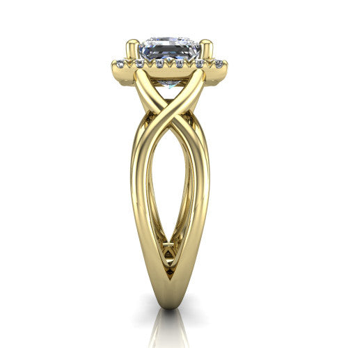 Coco princess halo engagement ring in 18K Yellow Gold, side profile showing the woven infinity split shank and the squared halo in profile