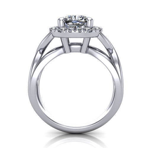 Coco cushion halo engagement ring in Platinum, through-finger front profile showing the halo head above the woven split shank