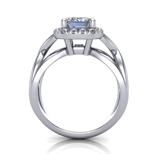Coco emerald halo engagement ring in Platinum, through-finger front profile showing the halo head above the woven split shank