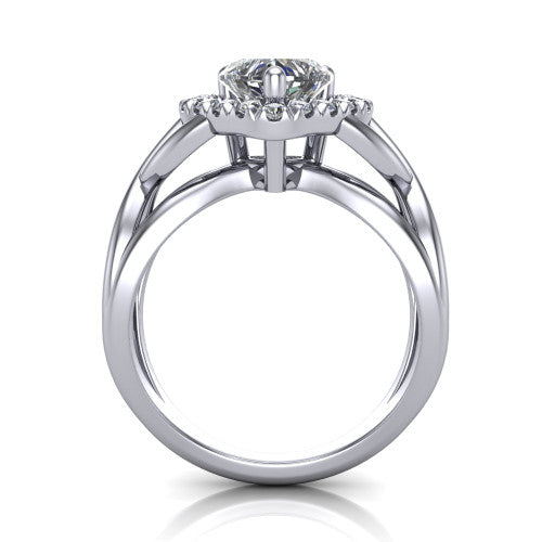 Coco heart halo engagement ring in 18K White Gold, through-finger front profile showing the halo head above the woven split shank