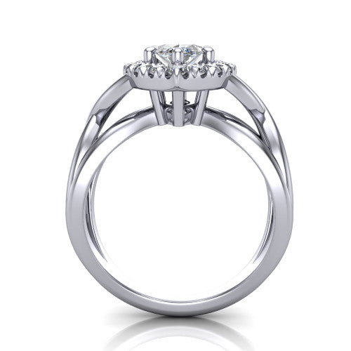 Coco marquise halo engagement ring in Platinum, through-finger front profile showing the halo head above the woven split shank