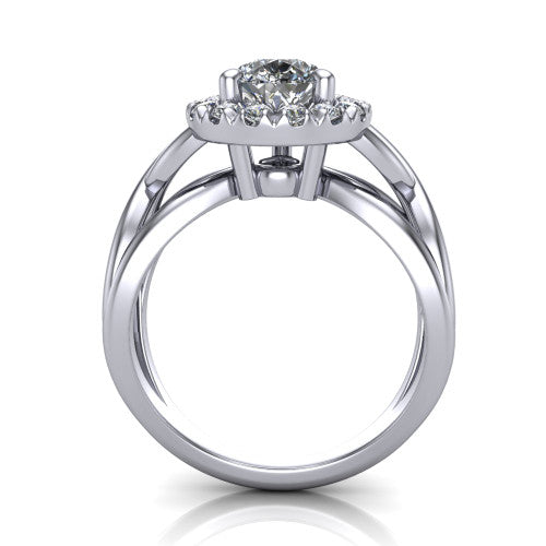 Coco pear halo engagement ring in 14K White Gold, through-finger front profile showing the halo head above the woven split shank