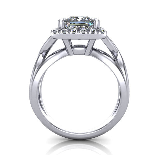 Coco princess halo engagement ring in Platinum, through-finger front profile showing the halo head above the woven split shank