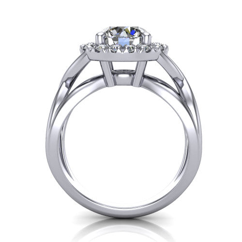 Coco round halo engagement ring in Platinum, through-finger front profile showing the halo head above the woven split shank
