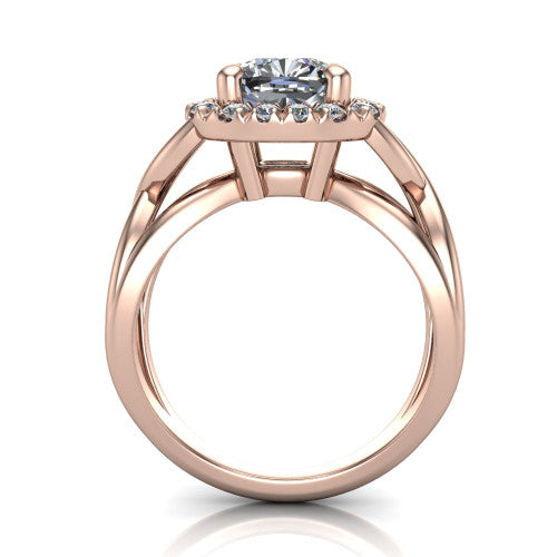 Coco cushion halo engagement ring in 18K Rose Gold, through-finger front profile showing the halo head above the woven split shank