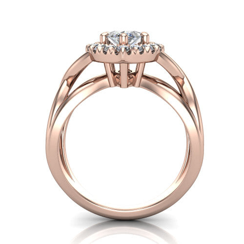Coco marquise halo engagement ring in 14K Rose Gold, through-finger front profile showing the halo head above the woven split shank