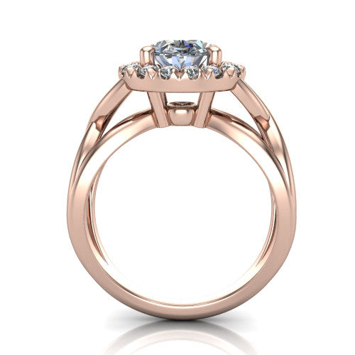 Coco oval halo engagement ring in 18K Rose Gold, through-finger front profile showing the halo head above the woven split shank