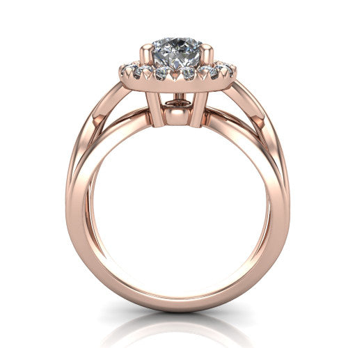 Coco pear halo engagement ring in 14K Rose Gold, through-finger front profile showing the halo head above the woven split shank