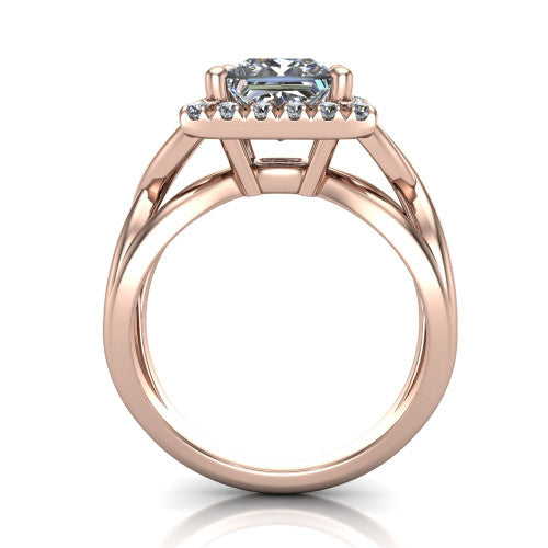 Coco princess halo engagement ring in 18K Rose Gold, through-finger front profile showing the halo head above the woven split shank