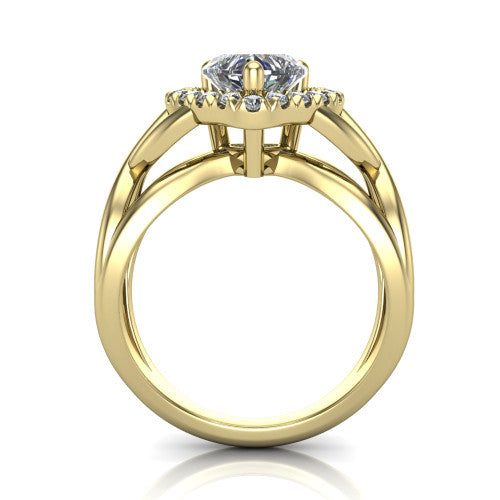 Coco heart halo engagement ring in 14K Yellow Gold, through-finger front profile showing the halo head above the woven split shank