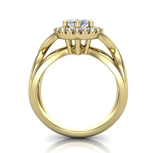 Coco marquise halo engagement ring in 18K Yellow Gold, through-finger front profile showing the halo head above the woven split shank