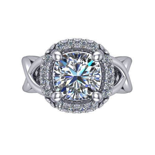 Coco cushion halo engagement ring in Platinum, top-down view showing the squared pav&eacute; halo framing the cushion center and the criss-cross band