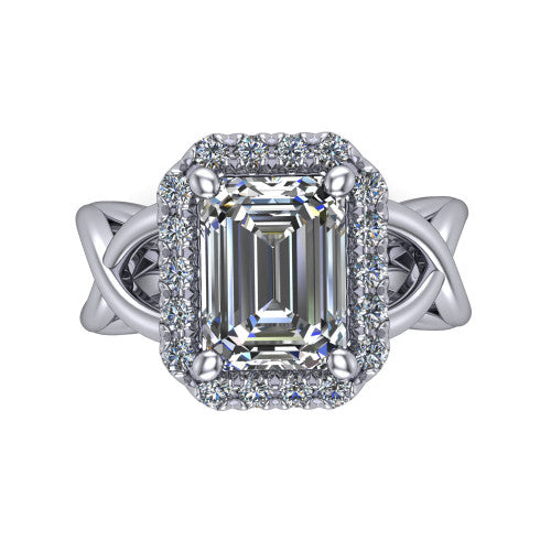 Coco emerald halo engagement ring in Platinum, top-down view showing the squared pav&eacute; halo framing the emerald center and the criss-cross band