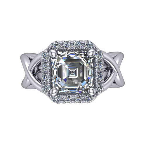 Coco square emerald halo engagement ring in 14K White Gold, top-down view showing the squared pav&eacute; halo framing the square emerald center and the criss-cross band