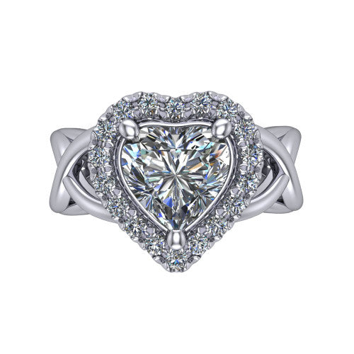 Coco heart halo engagement ring in Platinum, top-down view showing the squared pav&eacute; halo framing the heart center and the criss-cross band