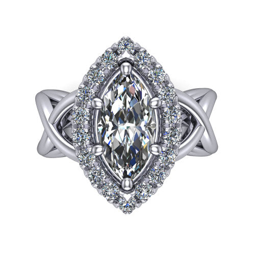 Coco marquise halo engagement ring in 14K White Gold, top-down view showing the squared pav&eacute; halo framing the marquise center and the criss-cross band
