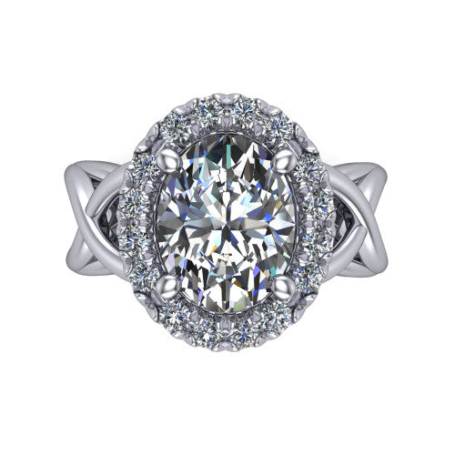 Coco oval halo engagement ring in 18K White Gold, top-down view showing the squared pav&eacute; halo framing the oval center and the criss-cross band