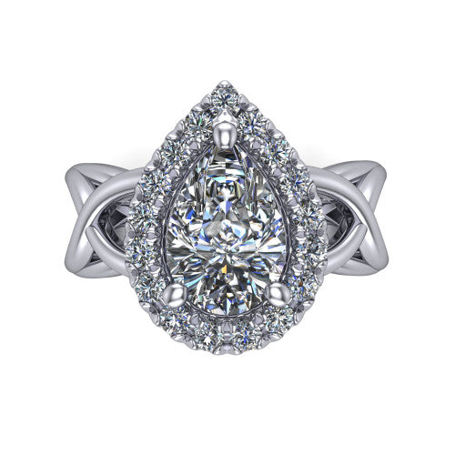 Coco pear halo engagement ring in 18K White Gold, top-down view showing the squared pav&eacute; halo framing the pear center and the criss-cross band