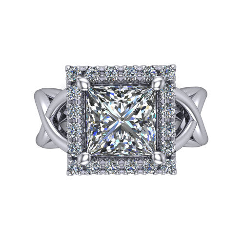 Coco princess halo engagement ring in Platinum, top-down view showing the squared pav&eacute; halo framing the princess center and the criss-cross band