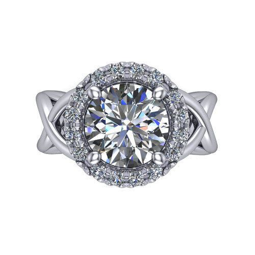 Coco round halo engagement ring in 14K White Gold, top-down view showing the squared pav&eacute; halo framing the round center and the criss-cross band