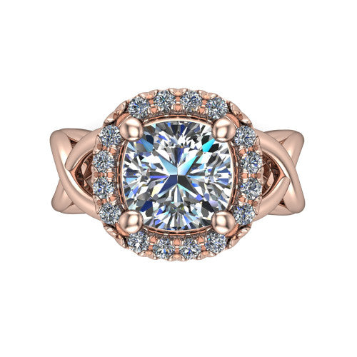 Coco cushion halo engagement ring in 18K Rose Gold, top-down view showing the squared pav&eacute; halo framing the cushion center and the criss-cross band