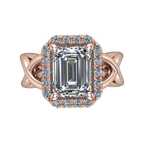 Coco emerald halo engagement ring in 14K Rose Gold, top-down view showing the squared pav&eacute; halo framing the emerald center and the criss-cross band