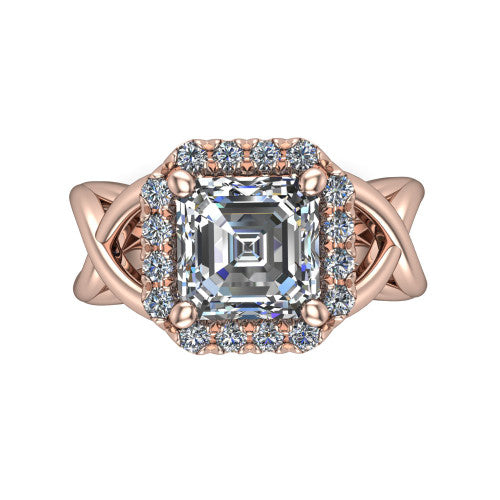 Coco square emerald halo engagement ring in 14K Rose Gold, top-down view showing the squared pav&eacute; halo framing the square emerald center and the criss-cross band