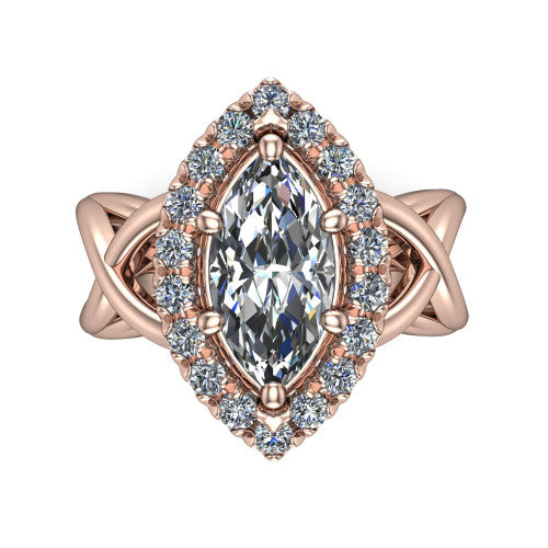 Coco marquise halo engagement ring in 14K Rose Gold, top-down view showing the squared pav&eacute; halo framing the marquise center and the criss-cross band