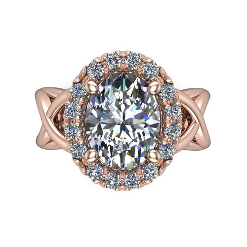 Coco oval halo engagement ring in 18K Rose Gold, top-down view showing the squared pav&eacute; halo framing the oval center and the criss-cross band