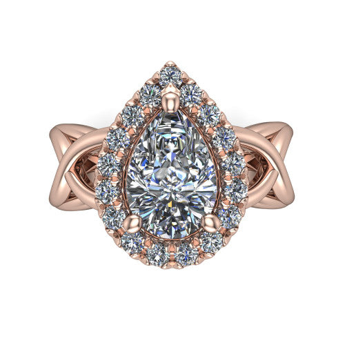 Coco pear halo engagement ring in 18K Rose Gold, top-down view showing the squared pav&eacute; halo framing the pear center and the criss-cross band