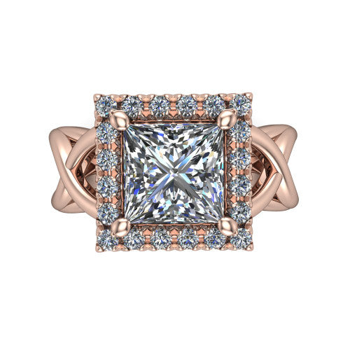 Coco princess halo engagement ring in 18K Rose Gold, top-down view showing the squared pav&eacute; halo framing the princess center and the criss-cross band
