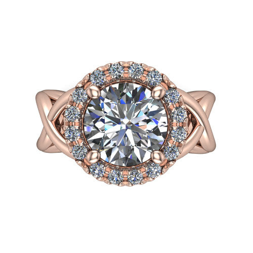 Coco round halo engagement ring in 18K Rose Gold, top-down view showing the squared pav&eacute; halo framing the round center and the criss-cross band