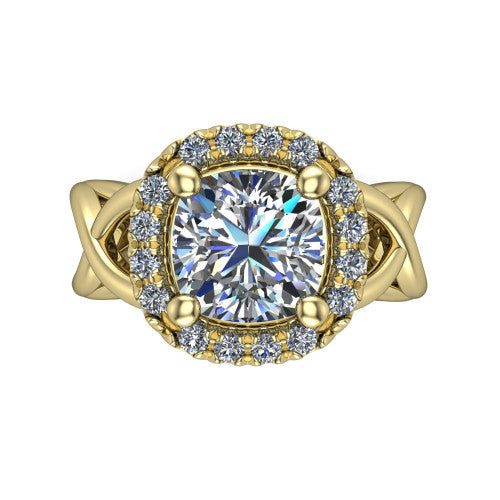 Coco cushion halo engagement ring in 14K Yellow Gold, top-down view showing the squared pav&eacute; halo framing the cushion center and the criss-cross band