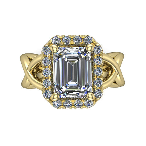 Coco emerald halo engagement ring in 18K Yellow Gold, top-down view showing the squared pav&eacute; halo framing the emerald center and the criss-cross band