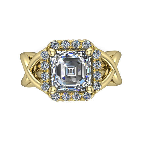 Coco square emerald halo engagement ring in 18K Yellow Gold, top-down view showing the squared pav&eacute; halo framing the square emerald center and the criss-cross band