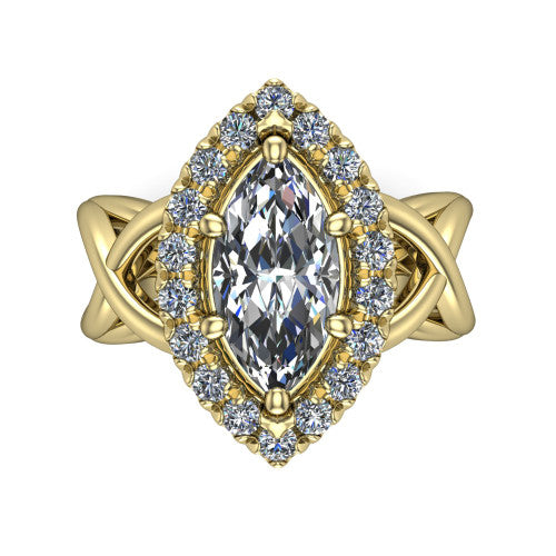 Coco marquise halo engagement ring in 18K Yellow Gold, top-down view showing the squared pav&eacute; halo framing the marquise center and the criss-cross band
