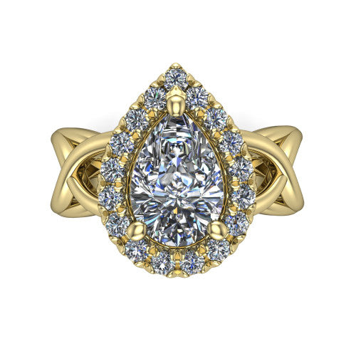 Coco pear halo engagement ring in 14K Yellow Gold, top-down view showing the squared pav&eacute; halo framing the pear center and the criss-cross band