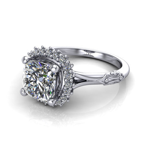 Lillian cushion vintage halo engagement ring in 18K White Gold, three-quarter perspective showing the cushion center in a squared pav&eacute; halo above an engraved filigree band