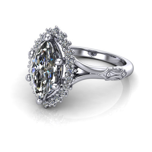 Lillian marquise vintage halo engagement ring in 18K White Gold, three-quarter perspective showing the marquise center in a squared pav&eacute; halo above an engraved filigree band