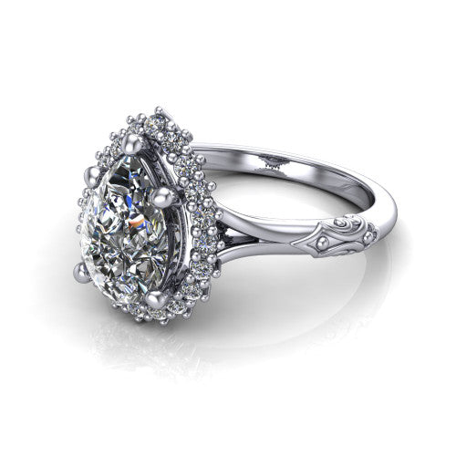 Lillian pear vintage halo engagement ring in 14K White Gold, three-quarter perspective showing the pear center in a squared pav&eacute; halo above an engraved filigree band