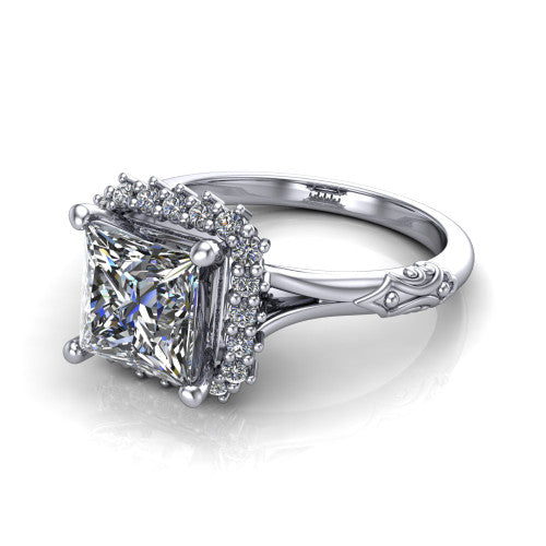 Lillian princess vintage halo engagement ring in Platinum, three-quarter perspective showing the princess center in a squared pav&eacute; halo above an engraved filigree band