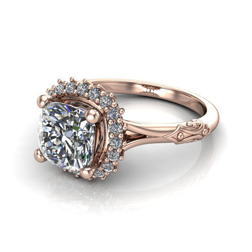 Lillian cushion vintage halo engagement ring in 18K Rose Gold, three-quarter perspective showing the cushion center in a squared pav&eacute; halo above an engraved filigree band